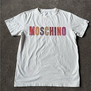 Moschino White Graphic Tee with Multicolor Lettering